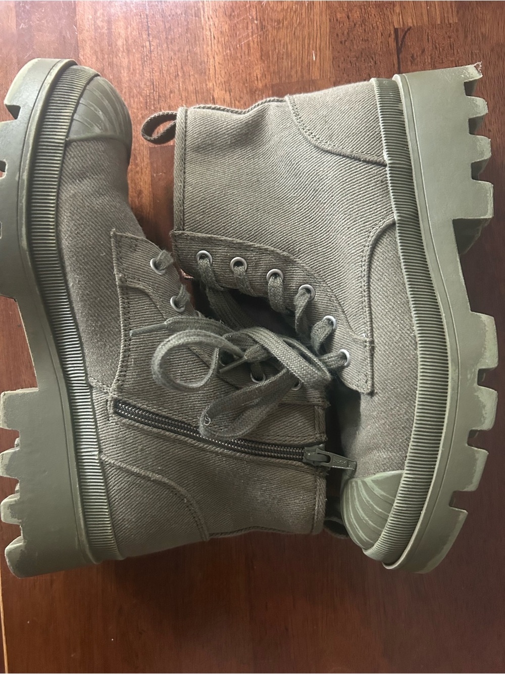 Olive Green Canvas Lace-Up Boots with Side Zip